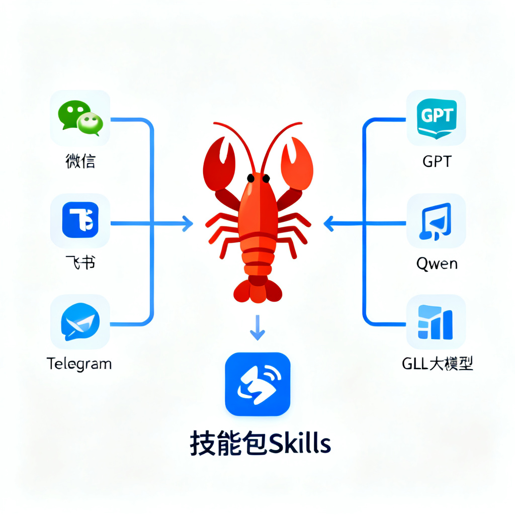 OpenClaw 架构图 — 渠道 × 大模型 × 技能包